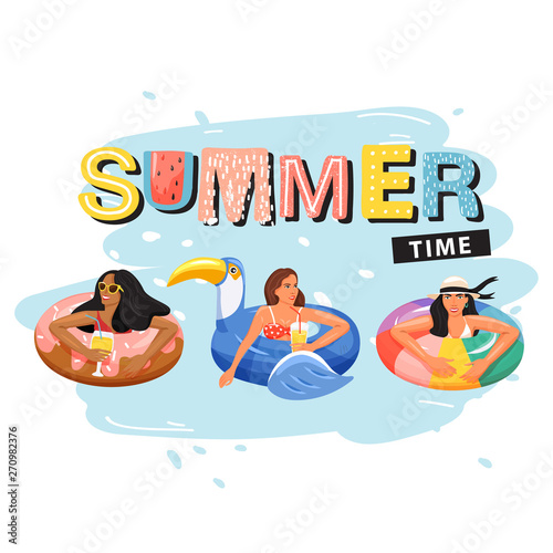 Beautiful women floating and sunbathing on inflatable rings in swimming pool. Slogan design "Summer time" sign. Summer rest and vacation. Vector illustration on white background.