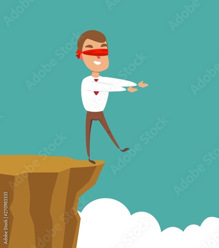 blindfolded businessman walk to the cliff. Business concept. Stock flat vector illustration.