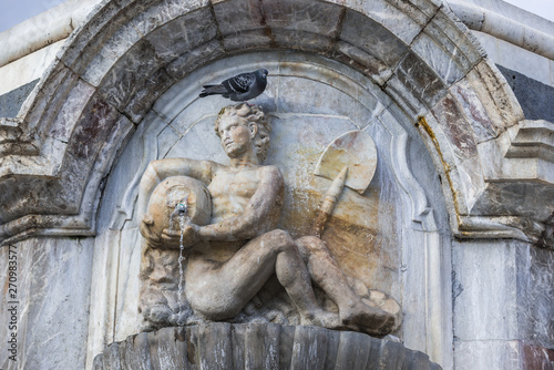 Close upn on base of Elephant Fountain from 18th century on Cathedral Square in Catania, Sicily, Italy