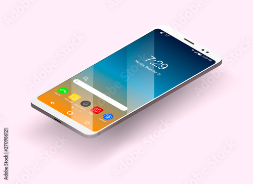 Smartphone in isometric and flat design styles, cell phone, flat isometric, mobile device, modern technologies ..of communication and management, white smartphone, touch screen display..