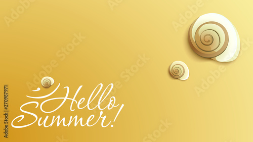 Sea party illustration. Summer time. Sea shells on the sand with lettering block.