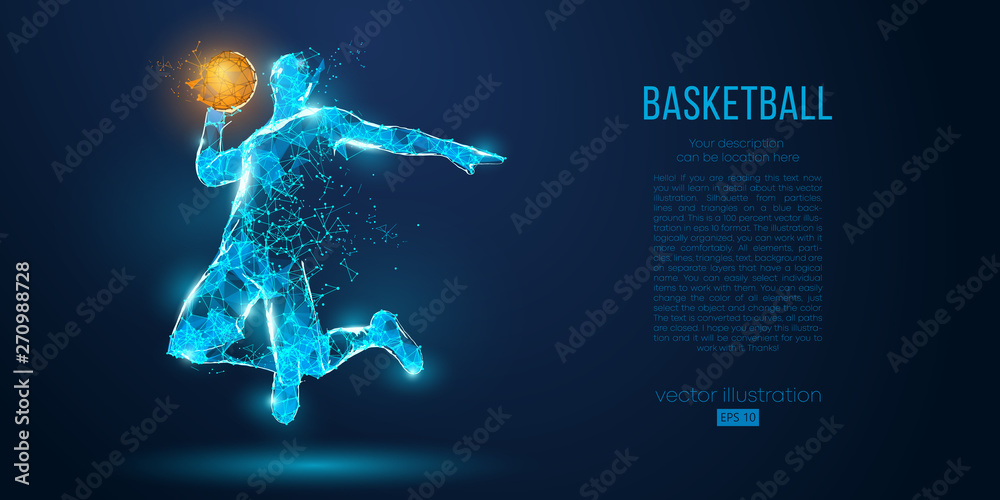 Abstract basketball player from particles, lines and triangles on blue background. All elements on a separate layers, color can be changed to any other. Low poly neon wire outline geometric vector