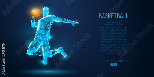 Abstract basketball player from particles, lines and triangles on blue background. All elements on a separate layers, color can be changed to any other. Low poly neon wire outline geometric vector © matrosovv