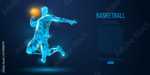 Abstract basketball player from particles, lines and triangles on blue background. All elements on a separate layers, color can be changed to any other. Low poly neon wire outline geometric vector