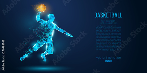 Abstract basketball player from particles, lines and triangles on blue background. All elements on a separate layers, color can be changed to any other. Low poly neon wire outline geometric vector