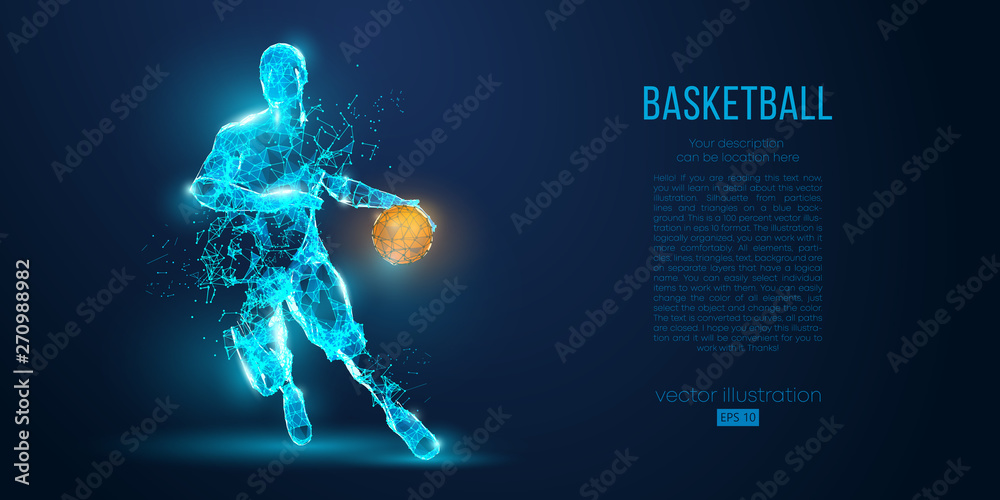 Fototapeta Abstract basketball player from particles, lines and triangles on blue background. All elements on a separate layers, color can be changed to any other. Low poly neon wire outline geometric vector