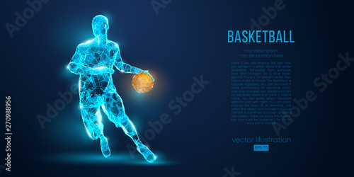 Abstract basketball player from particles, lines and triangles on blue background. All elements on a separate layers, color can be changed to any other. Low poly neon wire outline geometric vector
