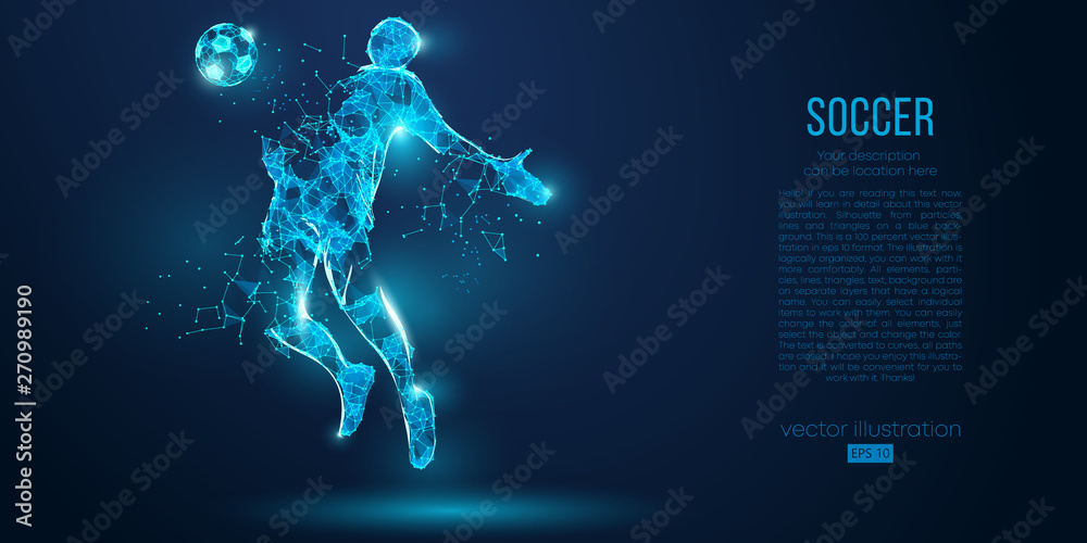 Naklejka Abstract soccer player, footballer from particles on blue background. All elements on a separate layers, color can be changed to any other. Low poly neon wire outline geometric football player. Vector