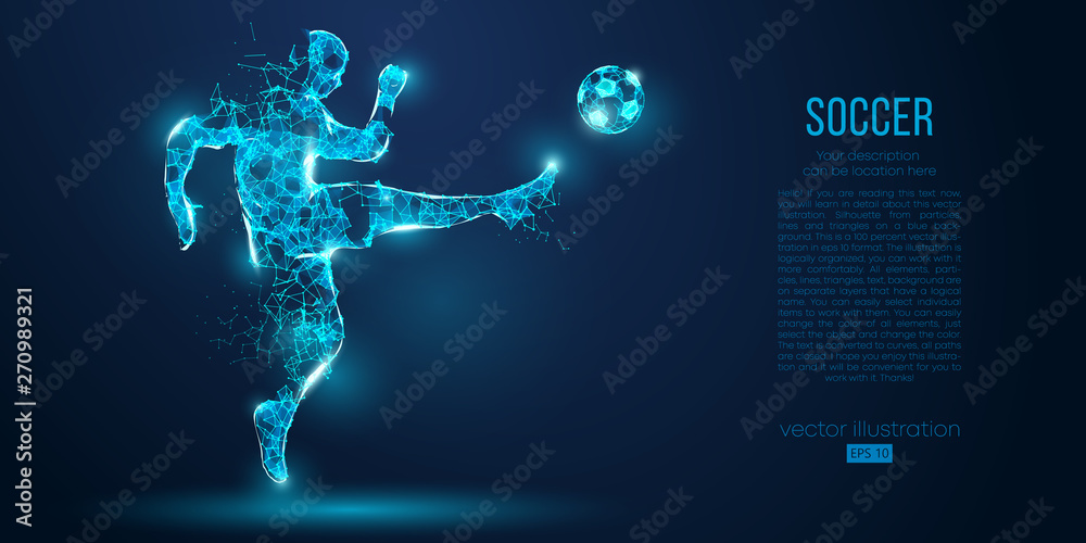 Fototapeta premium Abstract soccer player, footballer from particles on blue background. All elements on a separate layers, color can be changed to any other. Low poly neon wire outline geometric football player. Vector