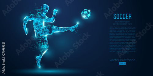 Abstract soccer player, footballer from particles on blue background. All elements on a separate layers, color can be changed to any other. Low poly neon wire outline geometric football player. Vector