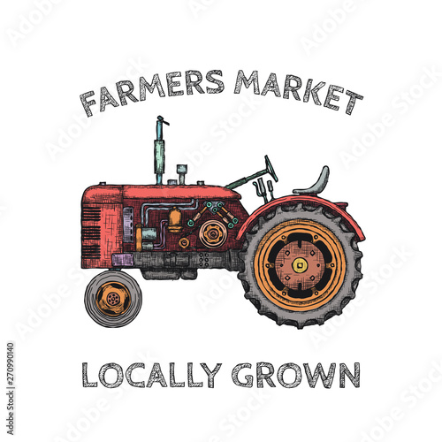 Vintage agricultural tractor, sketch. Hand drawn Vector