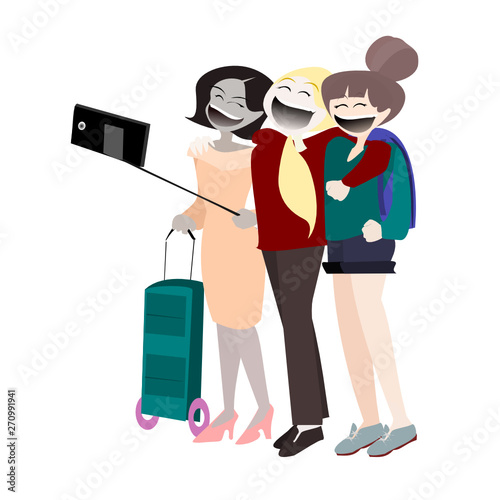 Vector Happy International  Woman Day. Many woman talk in a happy. Flat cute cartoon character on white isolated background. Illustration of people face smiling and laughing.