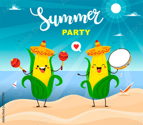  Summer poster party design corn with maracas and tambourine characters. Vector summer illustration