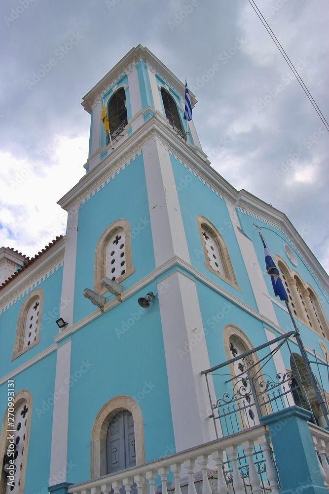 The Blue church Agios Nikolaos in Kalamata, Peloponnese, Greece, South-east Europe.