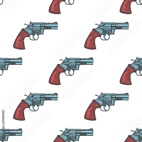 Hand Drawn Vintage Revolver Gun. Seamless Pattern Background Vector