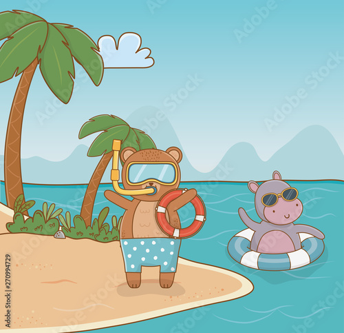 Bear and hippo cartoon in summer season design