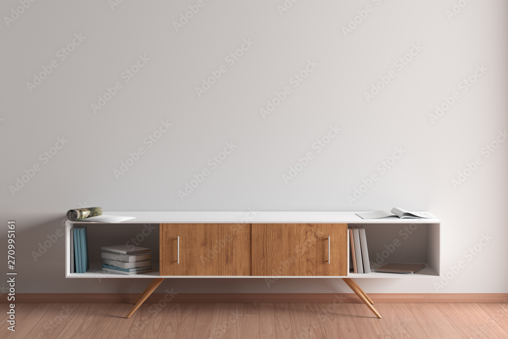 Blank wall mock up in living room interior with cabinet - obrazy, fototapety, plakaty 