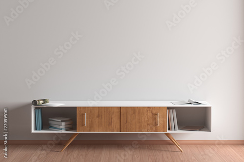 Blank wall mock up in living room interior with cabinet