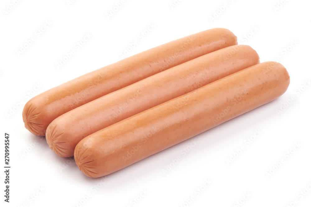 Fresh pork Boiled sausages, close-up, isolated on white background Fresh pork Boiled sausages, close-up, isolated on white background