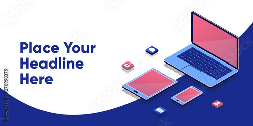 Web and coding. Cross platform banner. Empty screen laptop, tablet and phone. Isometric concept . Devices set. Flyer template. digital marketing and app development. 3d abstract platforms and devices.