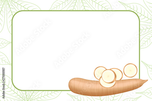 banner frame of cassava fresh for copy space, cassava cut slice for tapioca flour industry or ethanol, pile yucca cassava tuber on frame, raw manioc cassava on template banner green background empty