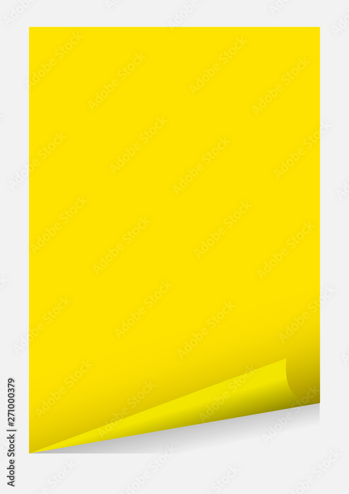 yellow a4 paper blank curl corner template isolated on grey background,  sticker sheet of paper curl yellow a4 paper template frame element for  graphic design card advertising and a4 banner promotional Stock