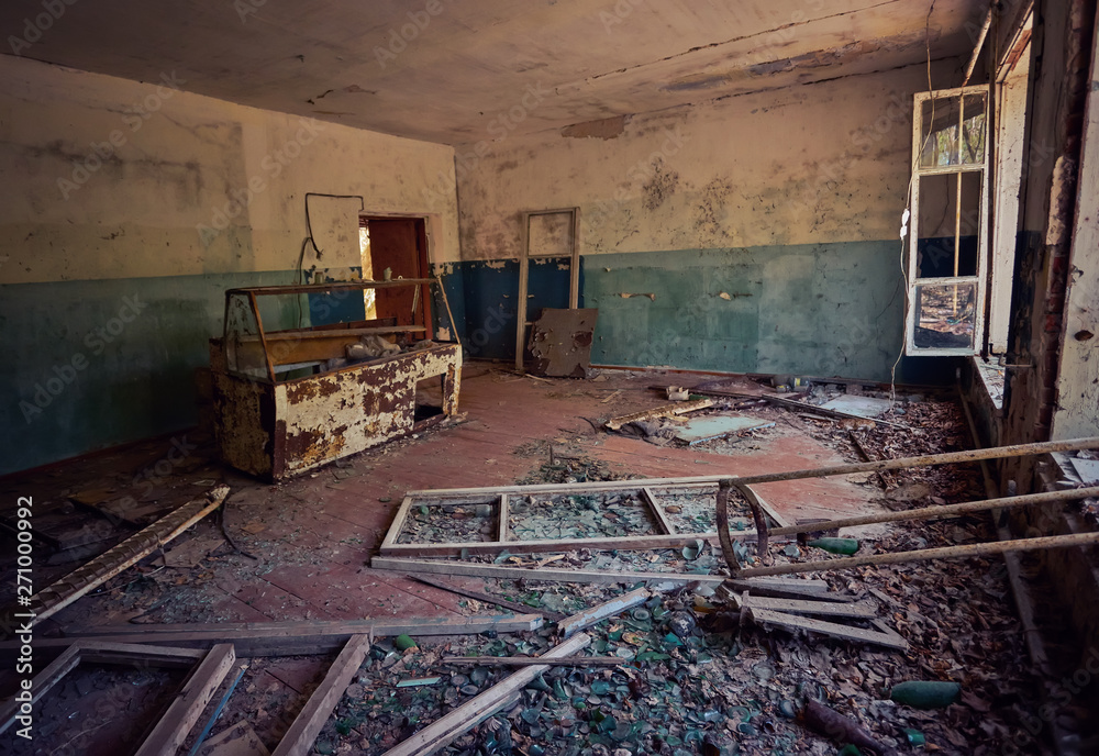 ruined old houses in Zalyssia village located in Chernobyl Exclusion