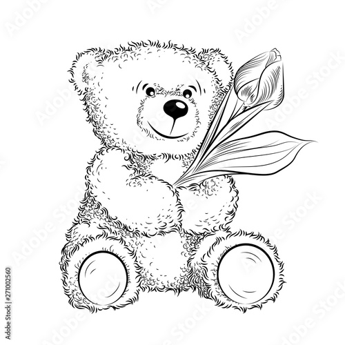 Drawing Teddy Bear with flower. Black and white vector illustration