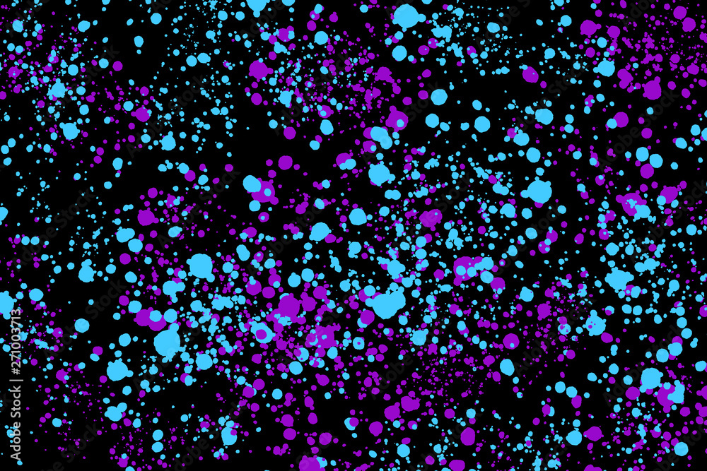 Neon cyan and purple random round paint splashes on black background. Abstract colorful texture for web-design, website, presentations, digital printing, fashion or concept design.