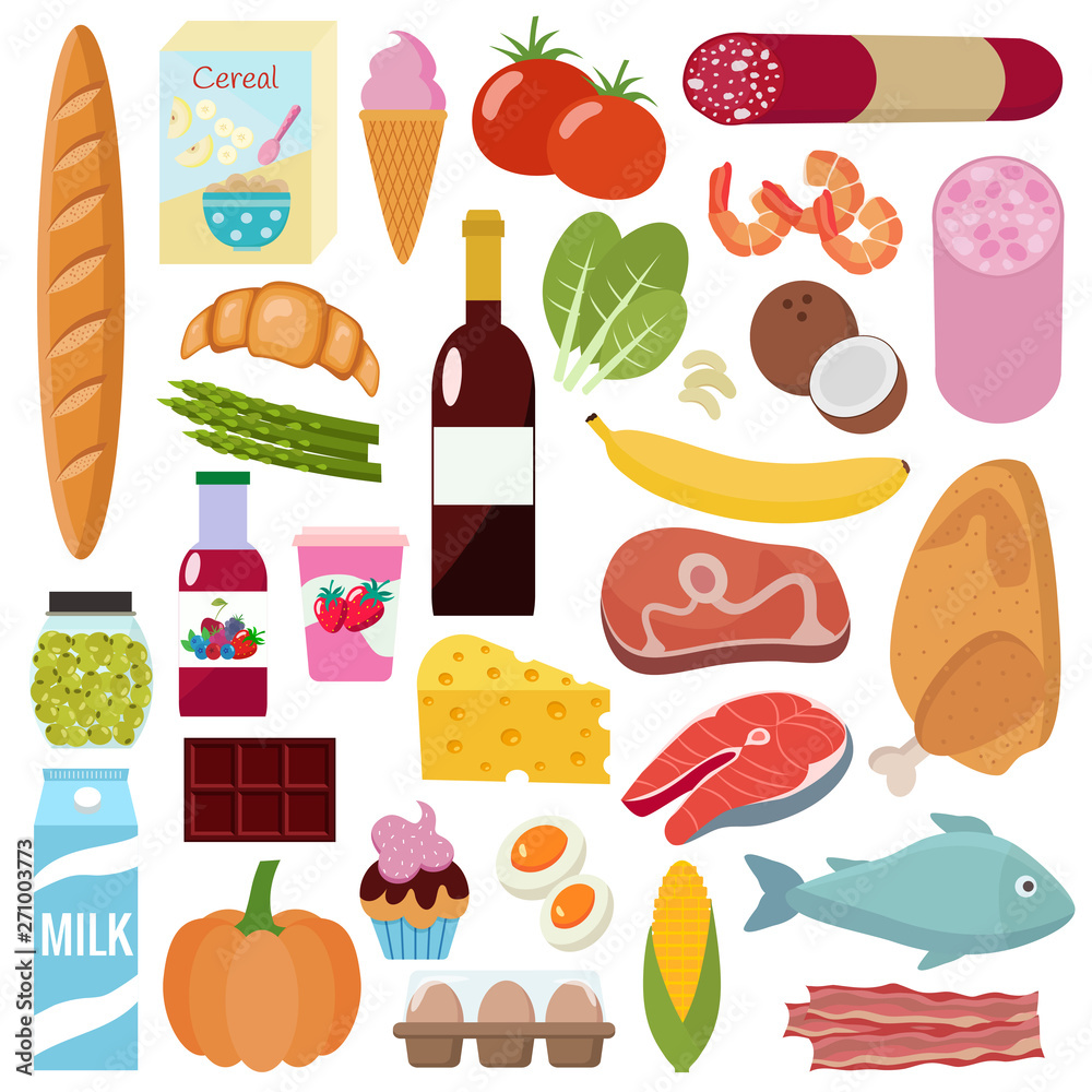 Grocery set. Milk, vegetables, meat, chicken, cheese, sausages, wine, fruits, fish, cereal, juice. Vector illustration, flat design.