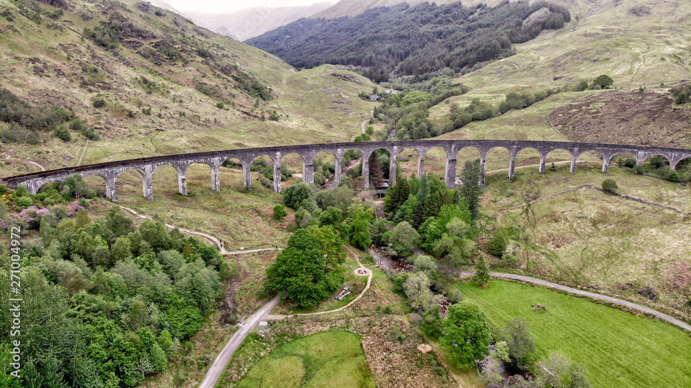 Glenfinnan Viaduct, aerial view by drone - Scotland, UK