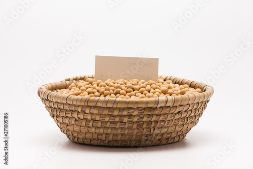 Blank paper with Soybeans in basket isolated on white background