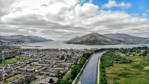 Neptune staircase locks, aerial view by drone at the Caledonian Canal, Banavie, Scotland, UK photo