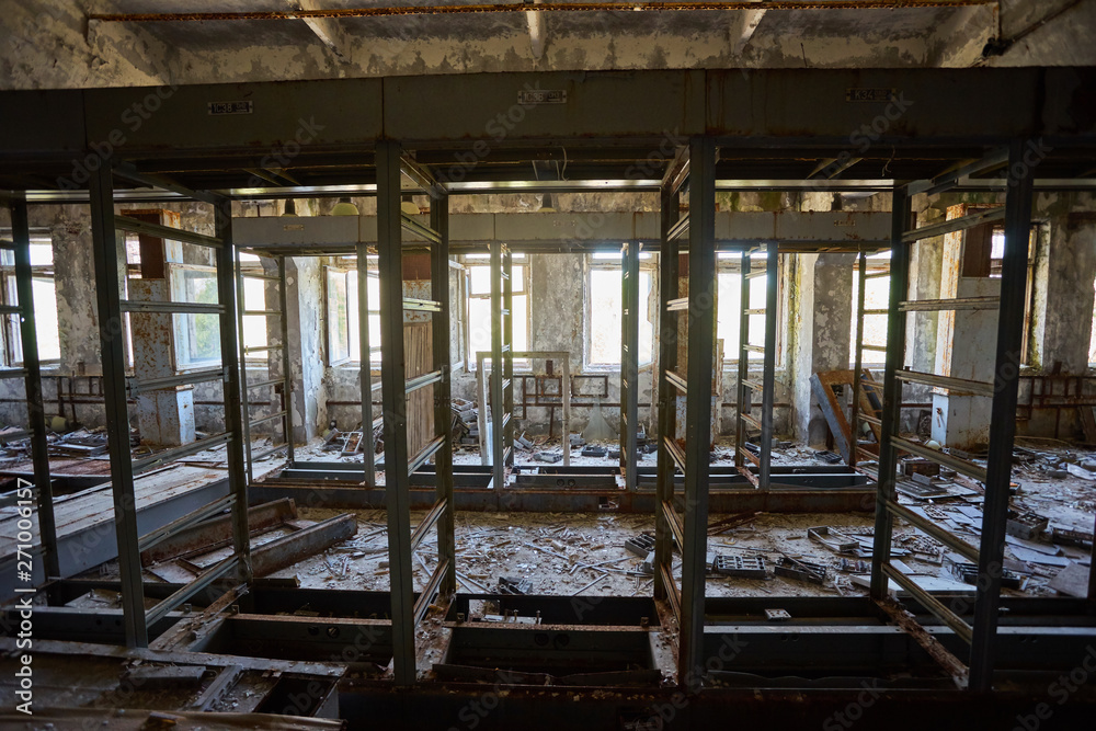Fototapeta premium Destroyed command post of the secret military facility of the USSR's airborne radar system. Chernobyl nuclear power plant, ransacked military command post.