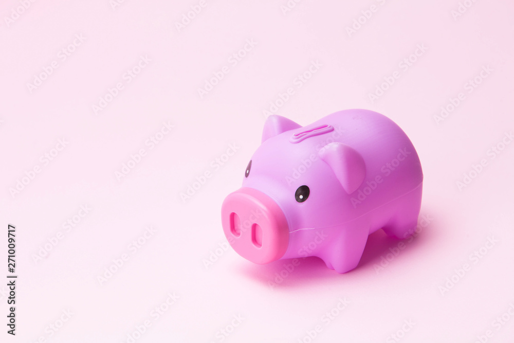  Pupple piggy bank on pink background 