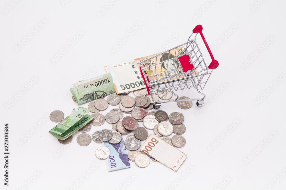 Shopping trolley bring money coins and korean bills Shopping trolley bring money coins and korean bills