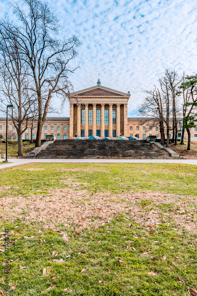 Philadelphia, Pennsylvania, USA - December, 2018 - Back view of Philadelphia Art Museum from the Garden of War Heroes.