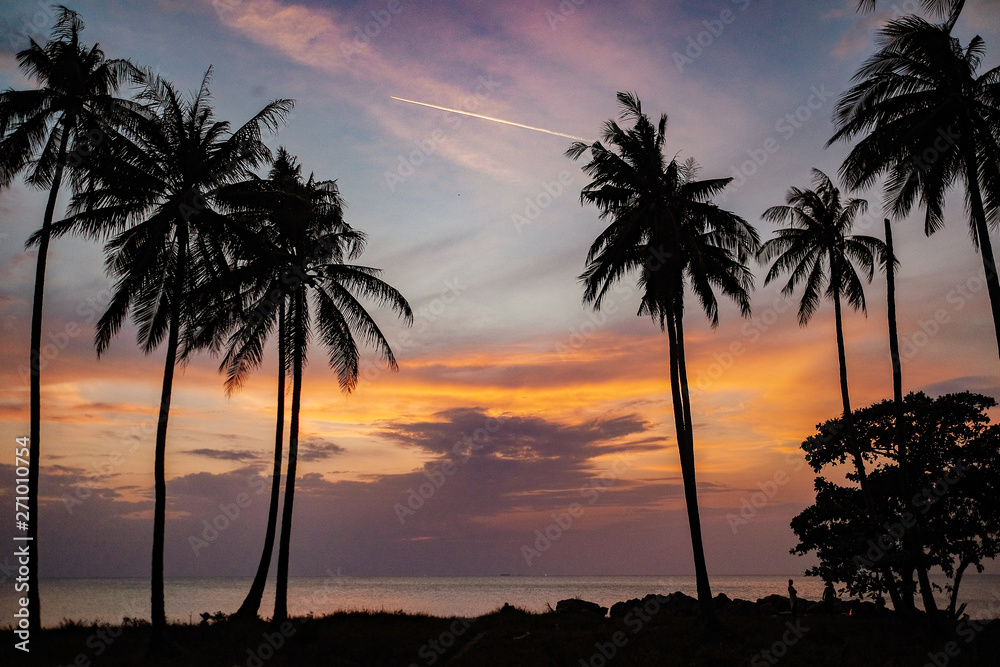 Black Palms silhouettes at orange sunset sky