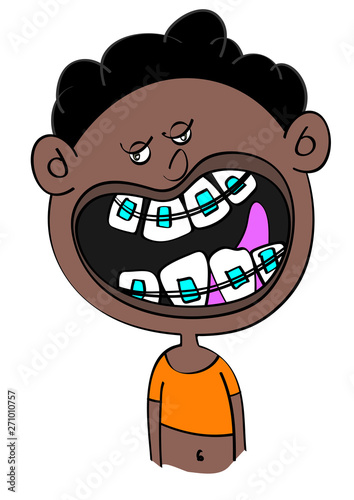 funny black boy with dental braces cartoon vector illustration