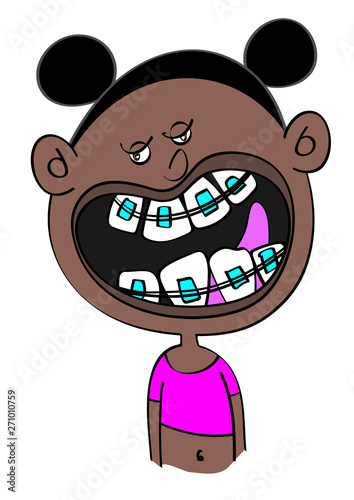funny black girl with dental braces cartoon vector illustration