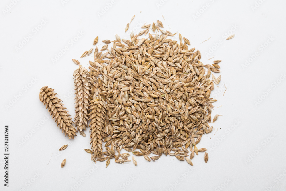 Ears of wheat and wheat grains on white background