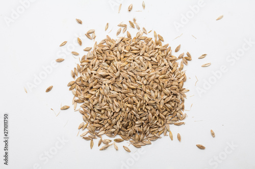 Ears of wheat and wheat grains on white background