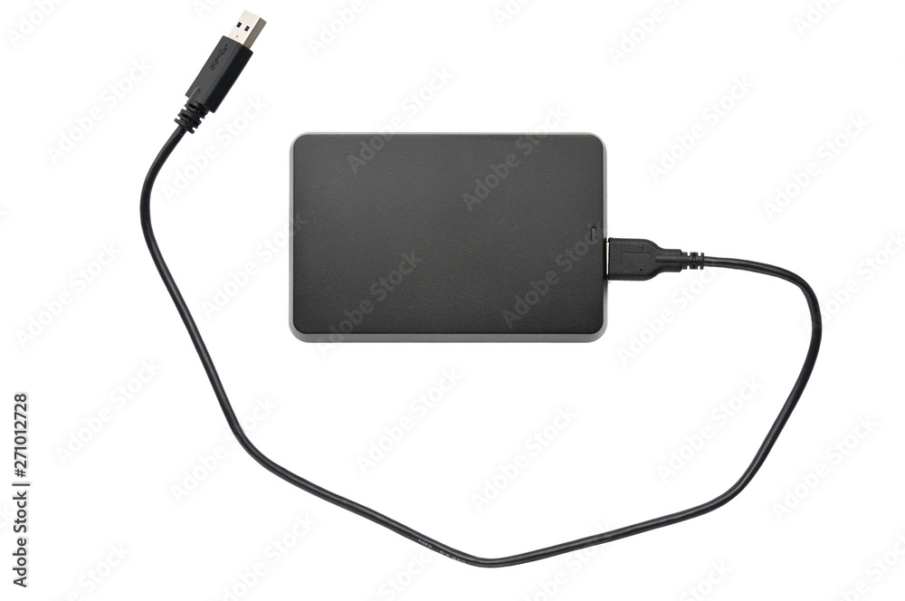External hard drive for storing and transferring various files on a white background External hard drive for storing and transferring various files on a white background