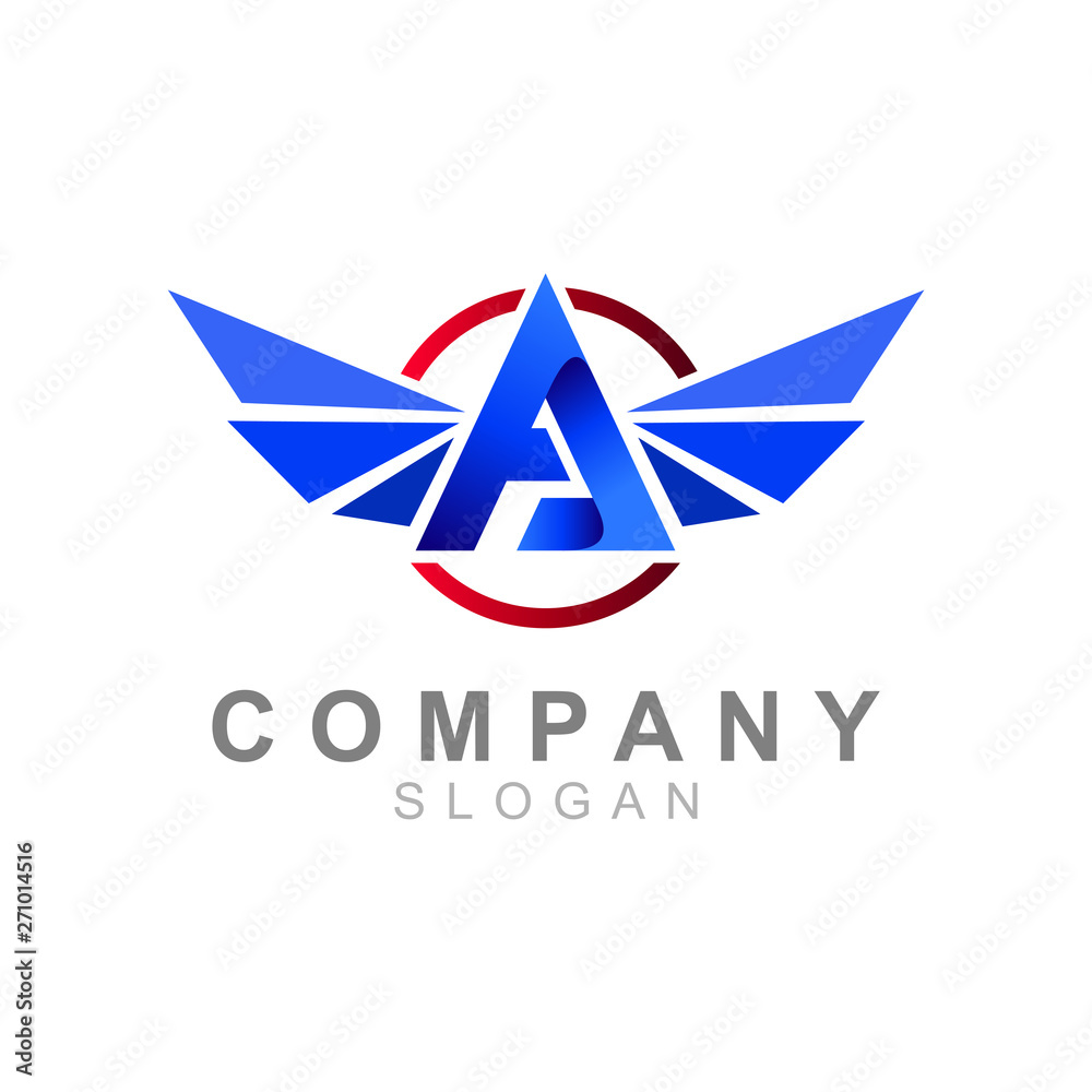 logo letter A with a display inside the circle and there are wings, company icon, airplane symbol logo letter A with a display inside the circle and there are wings, company icon, airplane symbol