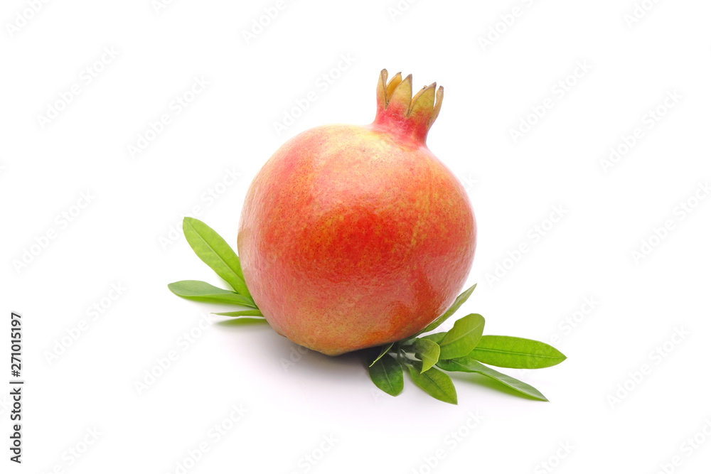 Pomegranate whole and cut with green leaves isolated on white background. Pomegranates (Punica granatum) is a fruit-bearing deciduous shrub in the family Lythraceae. Pomegranate fresh fruit Isolated. Pomegranate whole and cut with green leaves isolated on white background. Pomegranates (Punica granatum) is a fruit-bearing deciduous shrub in the family Lythraceae. Pomegranate fresh fruit Isolated.