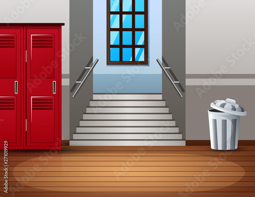 Bright college interior of hallway with red locker