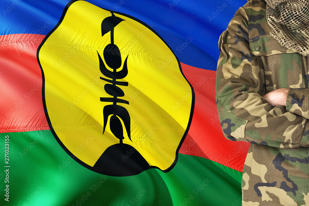 Φωτογραφία Crossed arms soldier with national waving flag on background - New Caledonia Military theme