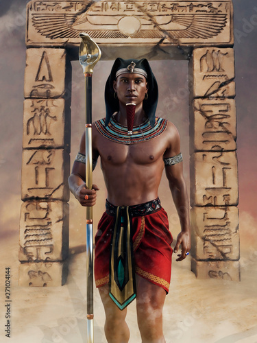 Ancient Egyptian priest with a cobra staff standing in front of an arch with hieroglyphs. 3D render. The model in the image is a 3D object.