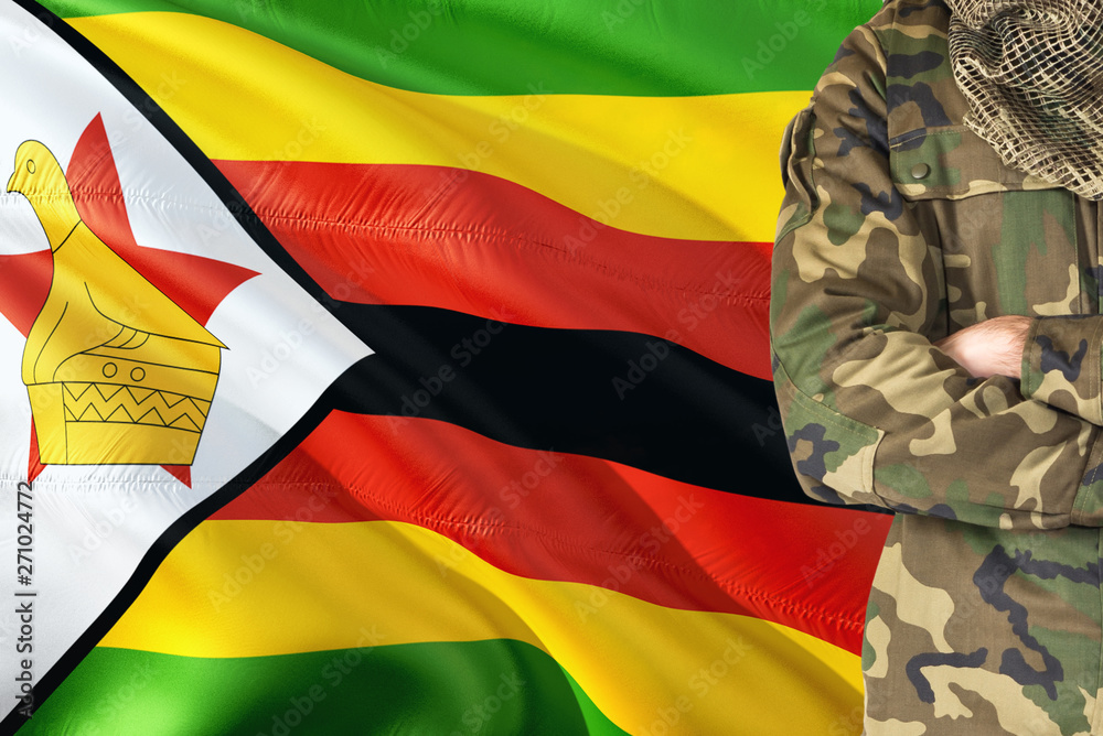 Φωτογραφία Crossed arms Zimbabwean soldier with national waving flag on background - Zimbabwe Military theme