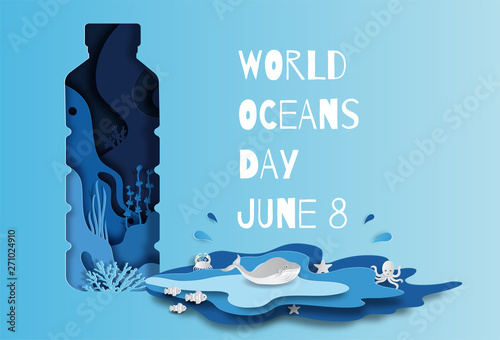 World oceans day concept, many sea creatures underwater, help to protect animal and environment, paper art and craft style, flat-style vector illustration.
